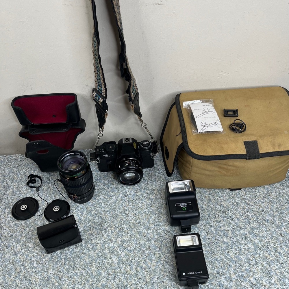 Sears KS Super II 35mm SLR Camera 2 Lens Kit Tested Working Flashes Filters Bag